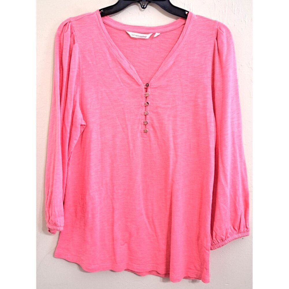 Soft Surroundings Women's M V-Neck Pink Henley 3/4 Sleeve w/Elastic Cuff